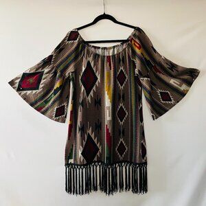 Yahada Womens Beown Tassel Detailing Hem Aztec Print Tunic Knit Top Size XL